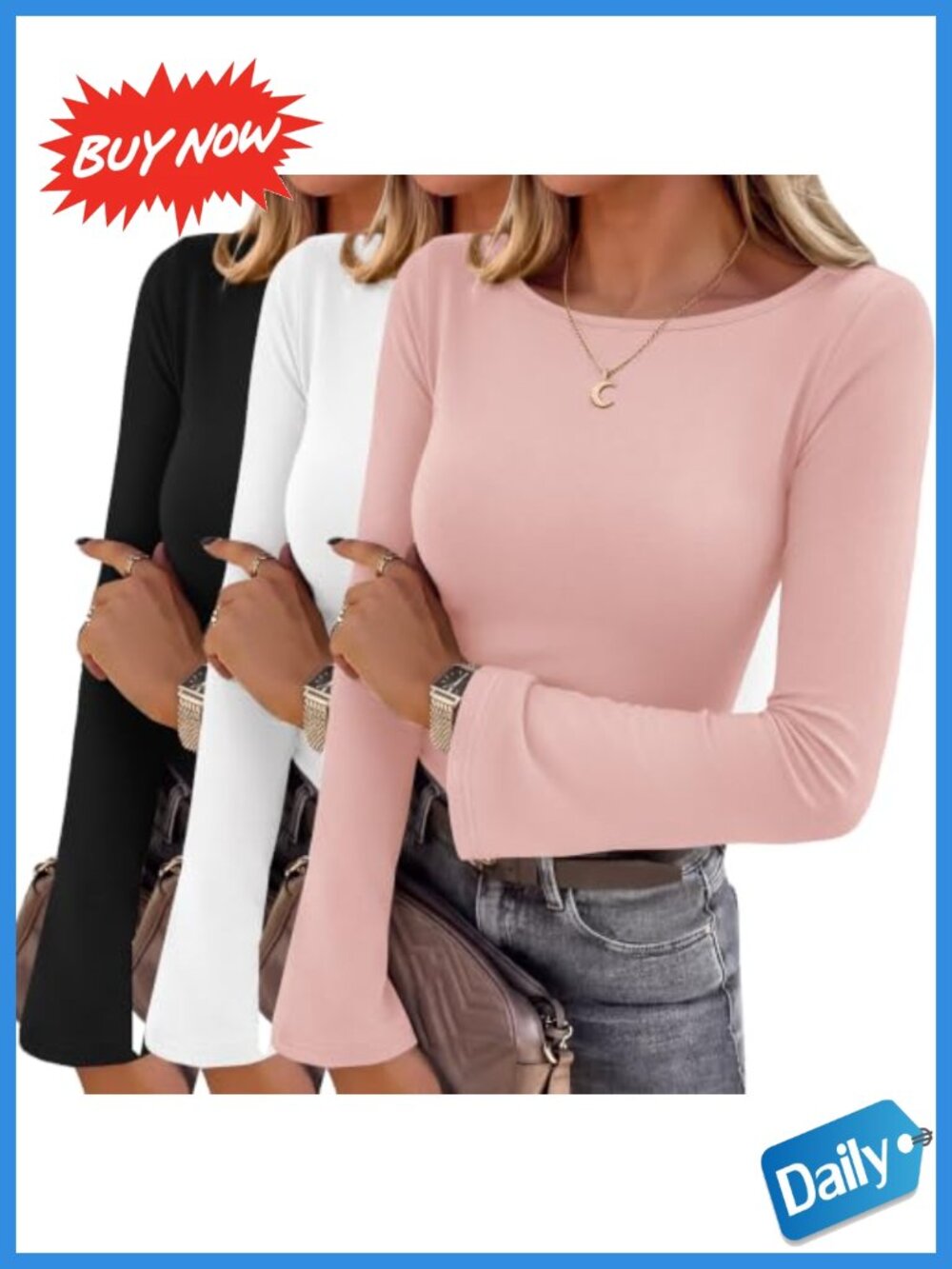 3 Pack Womens Bell Sleeve Tops Boat Neck Slim Fit Thermal Shirt
